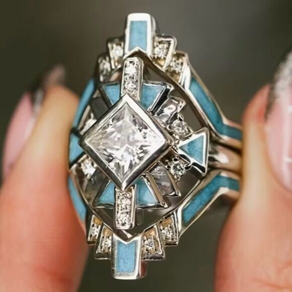 🩵 NEW & Unique Silver 3 piece Filigree and Aqua blue Fashion Ring 🩵 - Picture 5 of 6